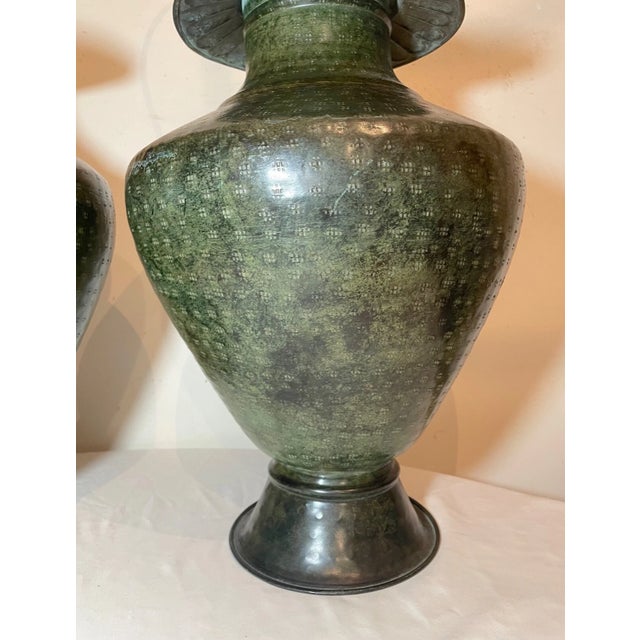 1990s Large Pair of Modern Hand Made Hand Hammered Patinated Bronze Table Lamps For Sale - Image 12 of 12