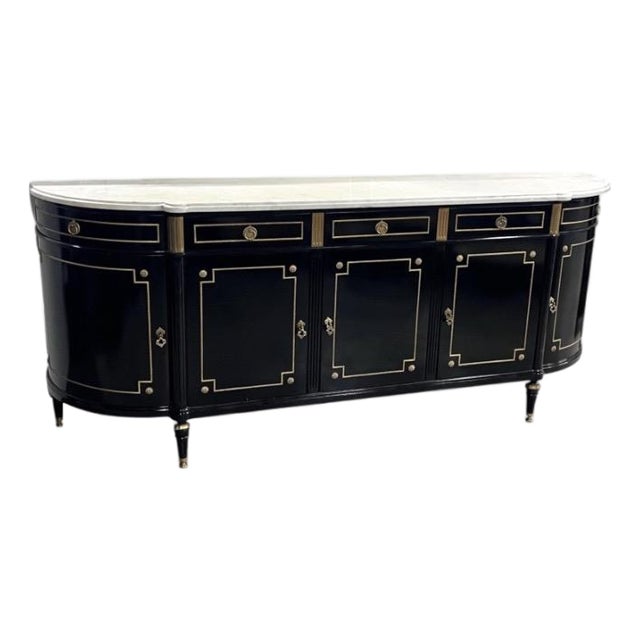 Louis XVI Style Ebonized Enfilade Buffet With Carrara Marble Top Bronze Mounts For Sale