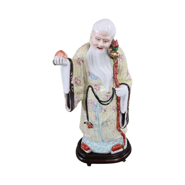 Porcelain Figure Shouxing Chinese God of Longevity Wood Base For Sale - Image 12 of 12