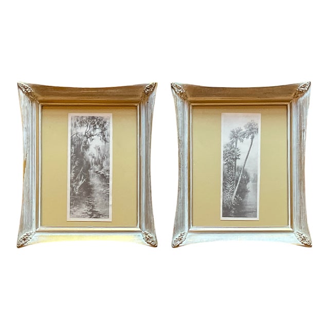 Pair of 1940s Old Florida Black & White Photographs in White Washed Pickled Gilt Frames and Ochre Mat – Palms & Oak-Canopied River For Sale