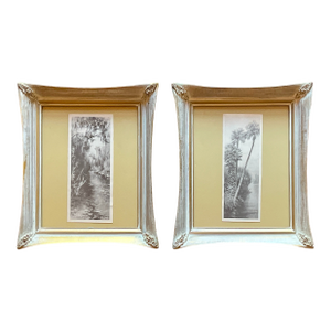 Pair of 1940s Old Florida Black & White Photographs in White Washed Pickled Gilt Frames and Ochre Mat – Palms & Oak-Canopied River
