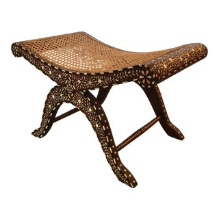 Brown Wood With Bone Inlay Custom Made Caned Bench For Sale