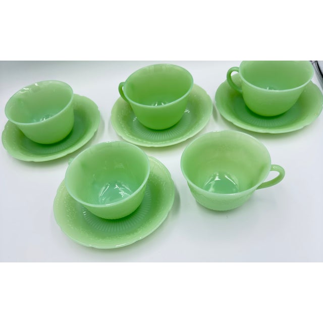 Anchor Hocking 1940s Anchor Hocking Fire King Alice Jadeite Coffee Tea Cup & Saucer 9pc Lot For Sale - Image 4 of 14