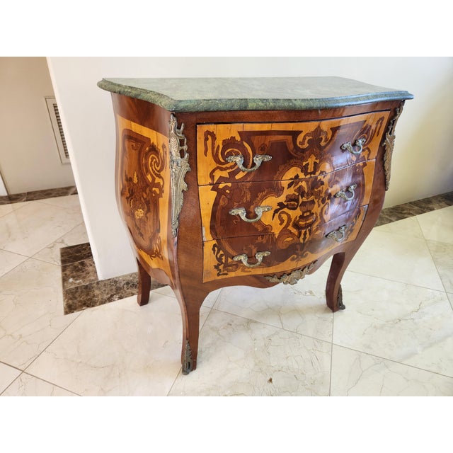Elegant French Louis XV Style Rosewood Commode With Heavy Green Marble Top & Ormolu Mounts For Sale - Image 10 of 11