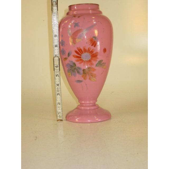 Late 19th Century Vase Victorian Pink Cased Glass with Hand Painted Enamel Bird & Flowers For Sale - Image 9 of 12