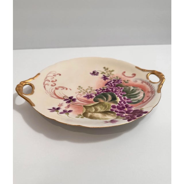 French French Antique Limoges Hand Painted Cake Plate Floral Double Handled Porcelain For Sale - Image 3 of 10