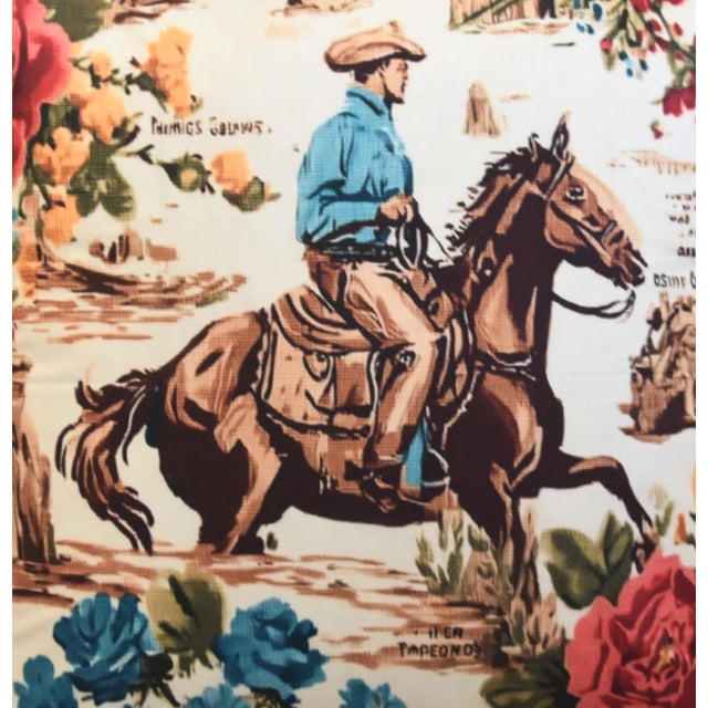 Beautiful vintage-style western cowboy pillow featuring a detailed rodeo graphic print of a cowboy riding a galloping...