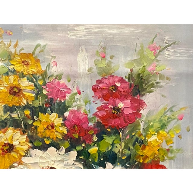 Art Deco Impasto Oil Paint Canvas Art Blossom Flowers Vase Scroll Painting For Sale - Image 3 of 6