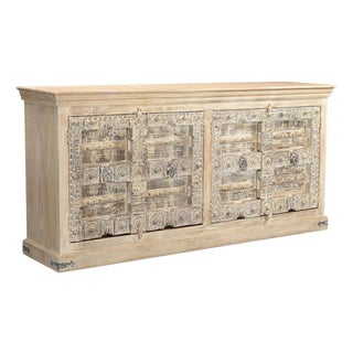 1960s Lotus Carved Doors Upcycled Solid Wood Sideboard Ranch Style Credenza For Sale