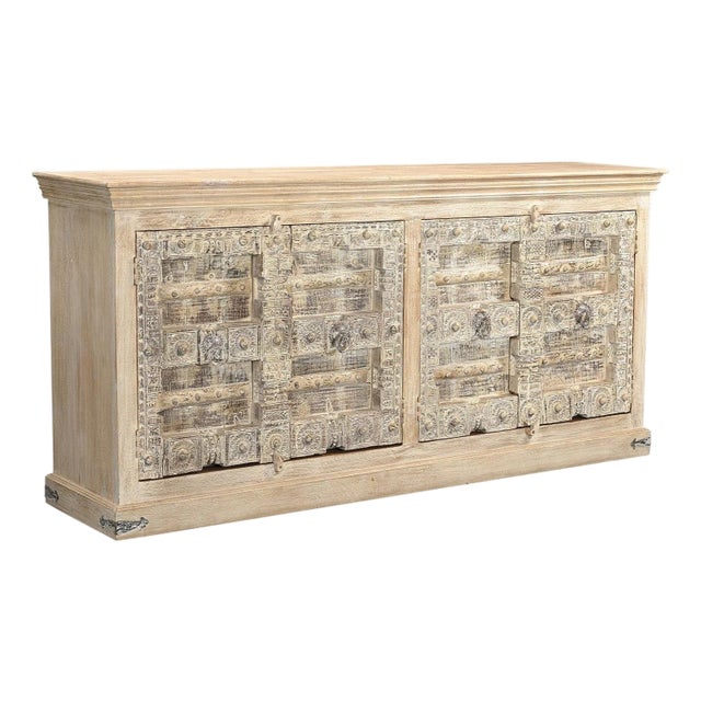 1960s Lotus Carved Doors Upcycled Solid Wood Sideboard Ranch Style Credenza For Sale