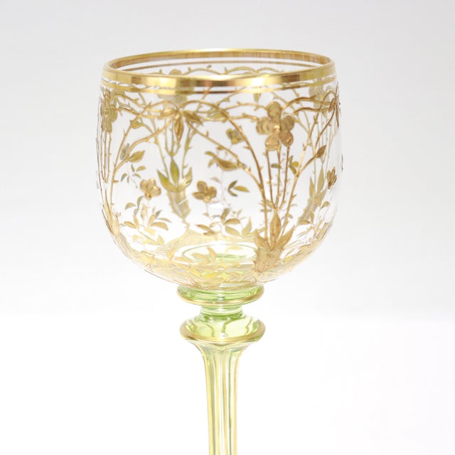 1900 Set of 6 Gilt German or Bohemian Art Nouveau Clear & Green Glass Wine Goblets For Sale - Image 14 of 18