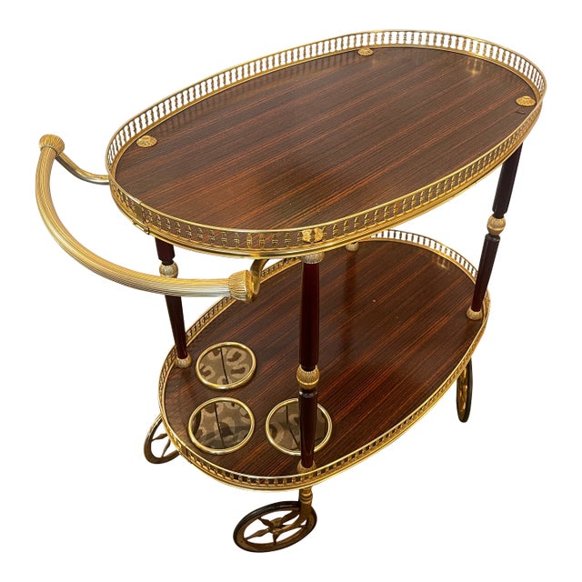 !950s Bar Cart Brass Gallery & Veneer, Italy For Sale