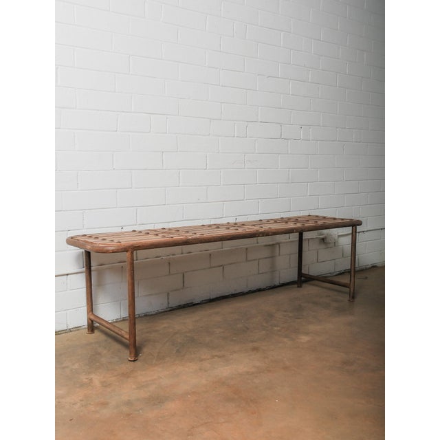 Vintage Iron and Wood Slatted Bench With Riveted Seat For Sale - Image 4 of 4
