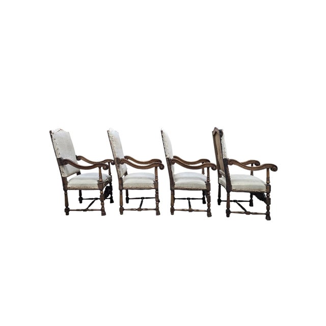Antique French Henri II Renaissance Revival Carved Walnut Throne Armchairs – 4 For Sale - Image 10 of 11