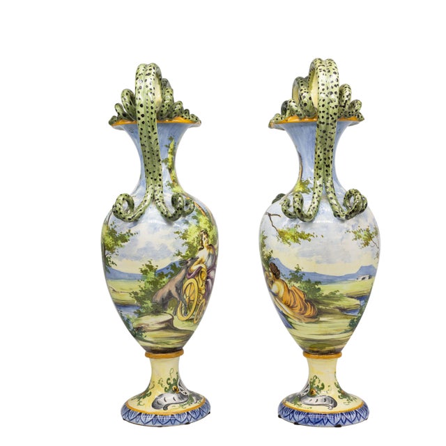 Renaissance Pair of Italian Maiolica Vases, Coiled Snake Handles, Ca. 1880 For Sale - Image 3 of 10