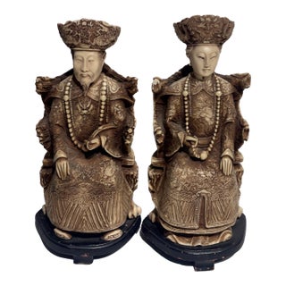 Pair of Antique Chinese Emperor & Two Empress Carved Oriental Figurines - For Sale