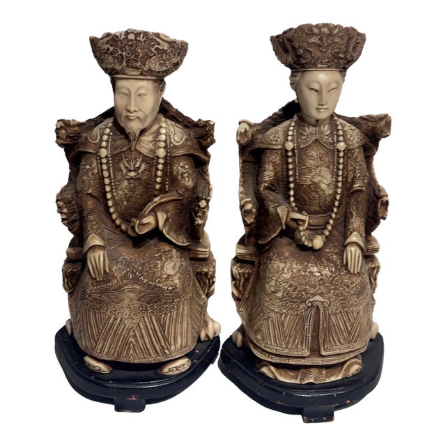 Pair of Antique Chinese Emperor & Two Empress Carved Oriental Figurines - For Sale