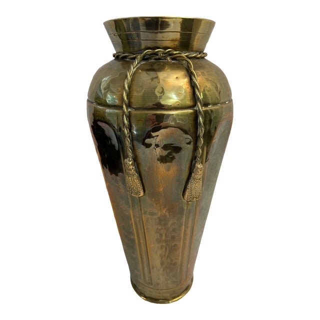 Vintage Late 20th Century Hammered Brass Urn Vase With Rope and Tassel Trim For Sale