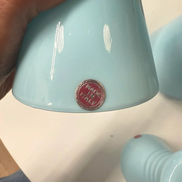 Beautiful vintage Italian opaline glass pitcher and tumbler set in a rare powder blue colorway. Featuring original "Made...