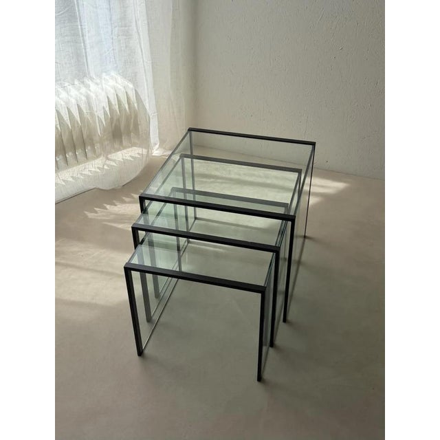 Black Postmodernist Nesting Tables Glass Black Metal, 1980s, Set of 3 For Sale - Image 8 of 12