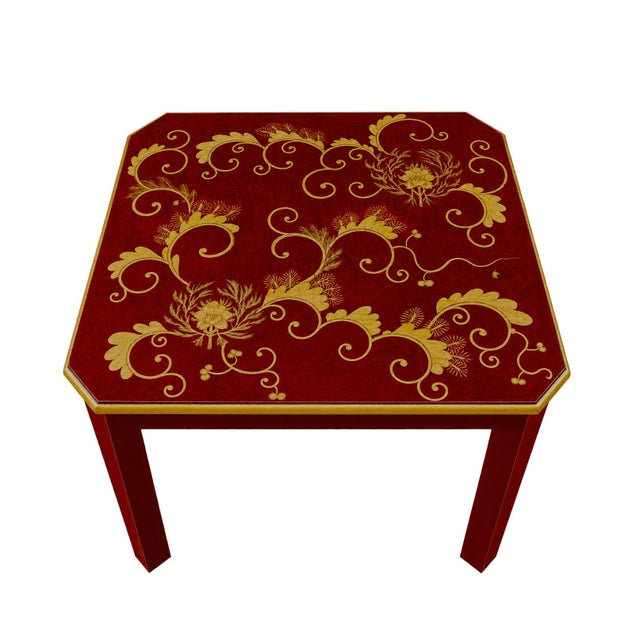 Hollywood Regency Vintage Chinese Style Deep Red Gilded Lacquer Small Square Table/Chessboard Table For Sale - Image 3 of 8