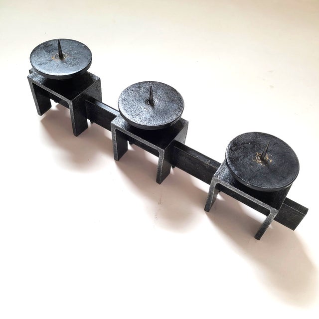 Modern Vintage 60s Mid Century Brutalist Fabricated Iron 3 Candle Holder Black For Sale - Image 3 of 10