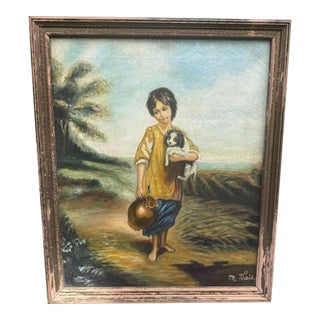 Mid-20th Century English Style "The Cottage Girl" Oil on Canvas Painting After Gainsborough - Framed For Sale