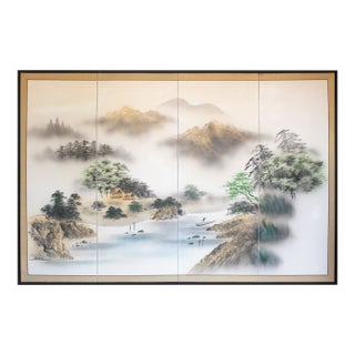 Large Showa Era Japanese Byobu Screen "Mountain Landscape With River" For Sale