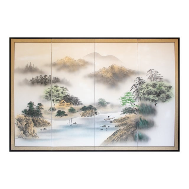 Large Showa Era Japanese Byobu Screen "Mountain Landscape With River" For Sale