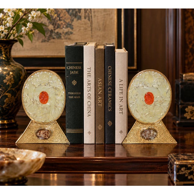 A rare, beautiful pair of antique Chinese bookends. Showcasing the beauty of translucent jade with clarity almost to...