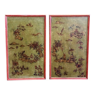 Italian Framed Asian Panels With Olive Gold Tone Backgrounds and Illustrations of Traditional Asian Motifs For Sale