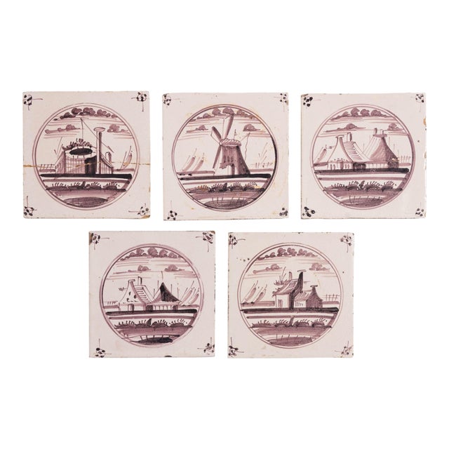 Set of 5 Mulberry Landscape Delft Faience Tiles, C. 1680-1720 For Sale
