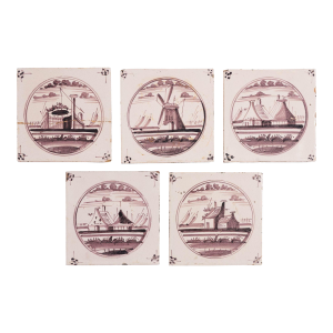 Set of 5 Mulberry Landscape Delft Faience Tiles, C. 1680-1720