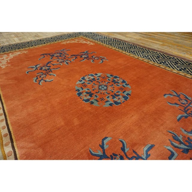 1920s Orange Pictoral Field Greek Key Antique Chinese Art Deco Wide Gallery Rug For Sale - Image 4 of 10