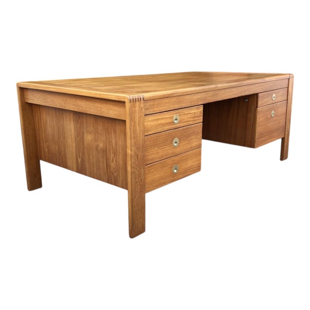 Mid-Century Modern Teak Executive Desk – Danish Style Double Pedestal Desk With Brass Pulls For Sale - Image 10 of 17