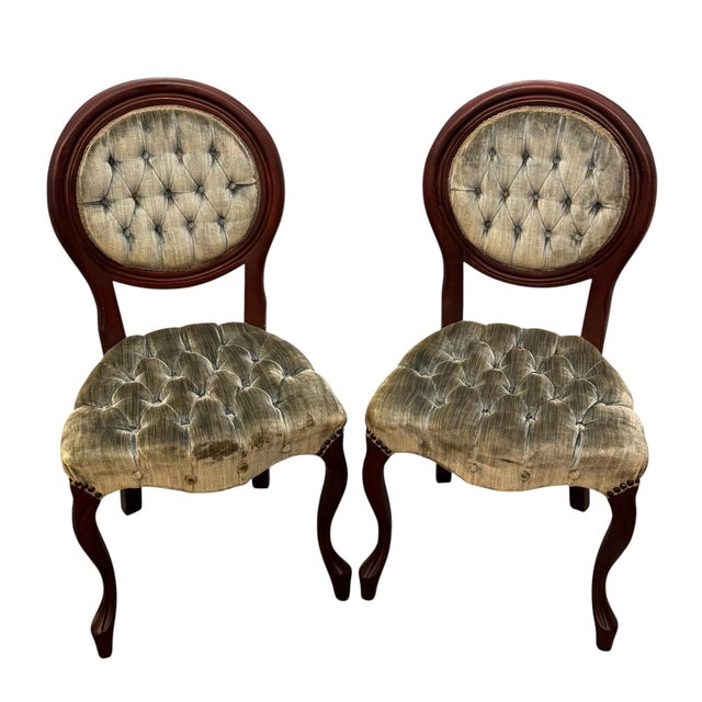 Victorian Vintage Victorian Style Mahogany Frame Velvet Tufted Accent Chairs - Pair For Sale - Image 3 of 11