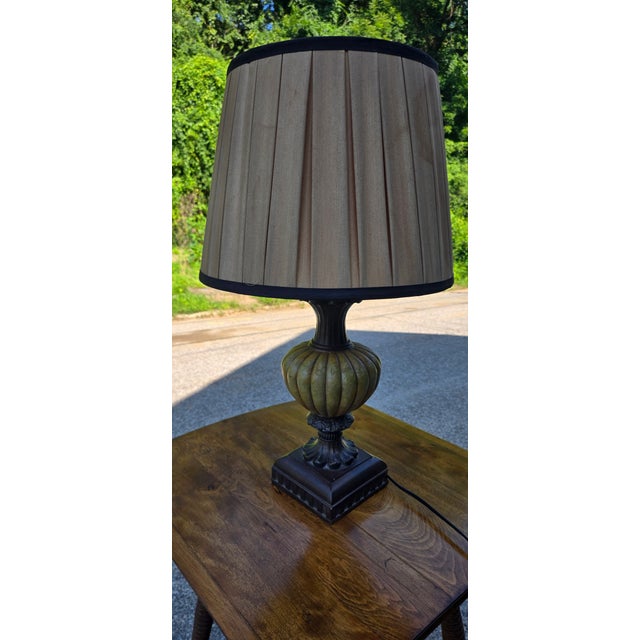Wood Vintage Neoclassical Table Lamp With Pleated Linen Shade & Antiqued Bronze Finish For Sale - Image 7 of 12