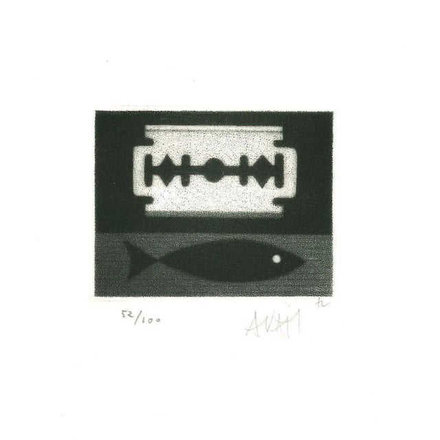 Fish and Blade - Original Etching on Paper by Mario Avati - 1960s 1960s For Sale