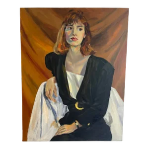Original Patricia Max Portrait of Woman Wearing Halston Dress Painting.