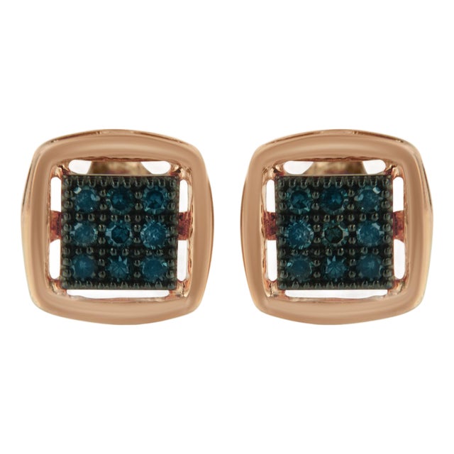 Rose Plated Sterling Silver Rose Cut Treated Diamond Stud Earring (0.25 cttw, Blue Color, I2-I3 Clarity) For Sale