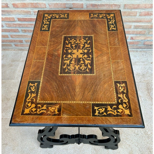 Wood Spanish Baroque Side Table with Lyre Legs and Marquetry Top, 1850 For Sale - Image 7 of 18