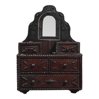 Antique Chip Carved Tramp Art Tabletop Dresser With Decoupage and Mirror For Sale