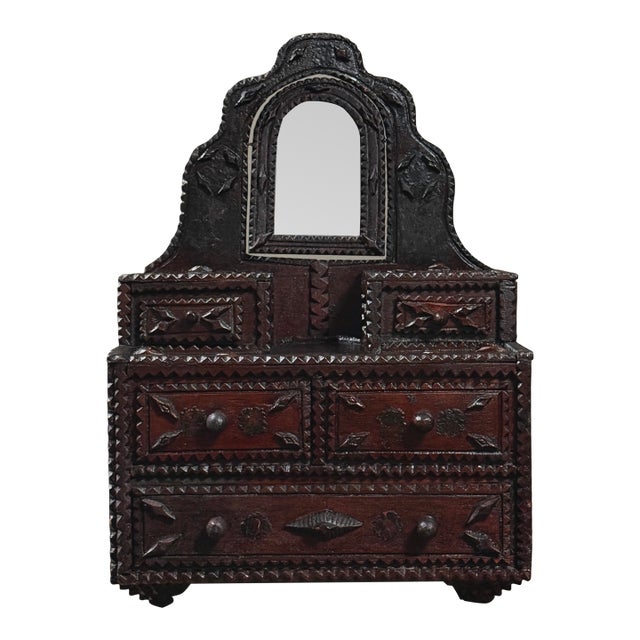 Antique Chip Carved Tramp Art Tabletop Dresser With Decoupage and Mirror For Sale