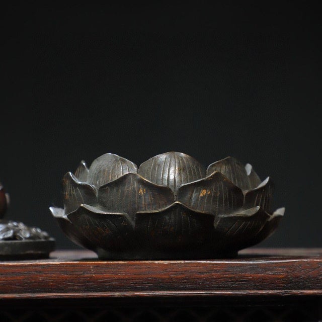 Metal Bronze Lotus Incense Burner With Bud Finial — Gilded Accents, Tripod Form For Sale - Image 7 of 9