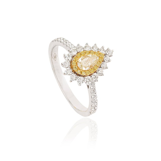 Transitional 1ct Yellow Diamond Double Halo 18k Gold Pear Engagement Ring Size 4 For Sale - Image 4 of 18