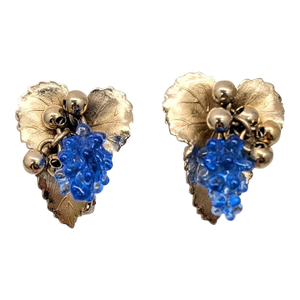 Vintage Signed Napier Book Piece Blue Blown Glass Grape Cluster Clip Earrings-2 Pieces