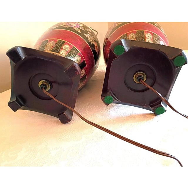 1980s Wescal Lamp Company Burgandy and Black Chinoiserie Table Lamps Set of Two W/ Imperial Pagoda Shades For Sale - Image 16 of 17