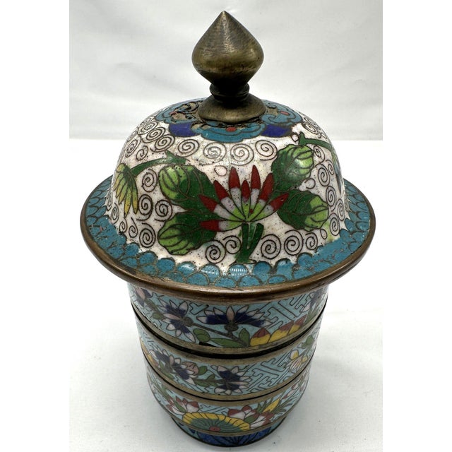 Antique 19th C. Chinese Cloisonné Enamel Stacking Spice Box This authentic antique vessel is constructed of three...