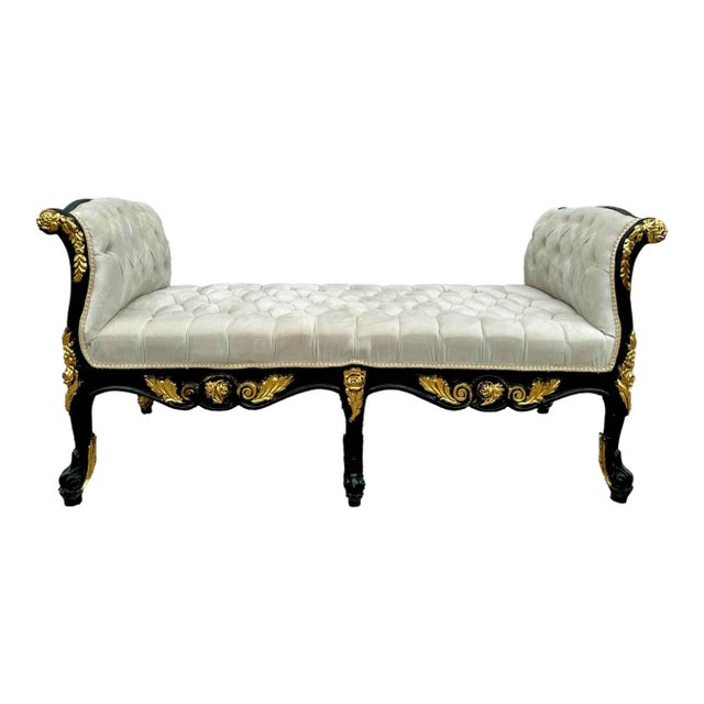 French Style White and Black Bench With Gold Leaf Details For Sale