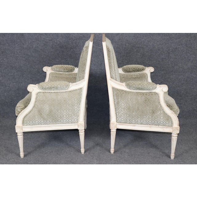 Mid 20th Century Pair Creme Distressed Painted French Louis XVI Bergere Chairs For Sale - Image 5 of 11